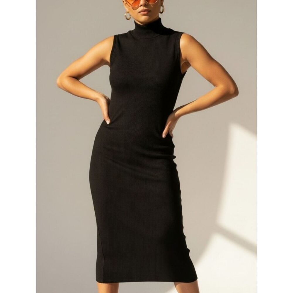 Bordeaux Black Sleeveless Ribbed Turtleneck Maxi Dress